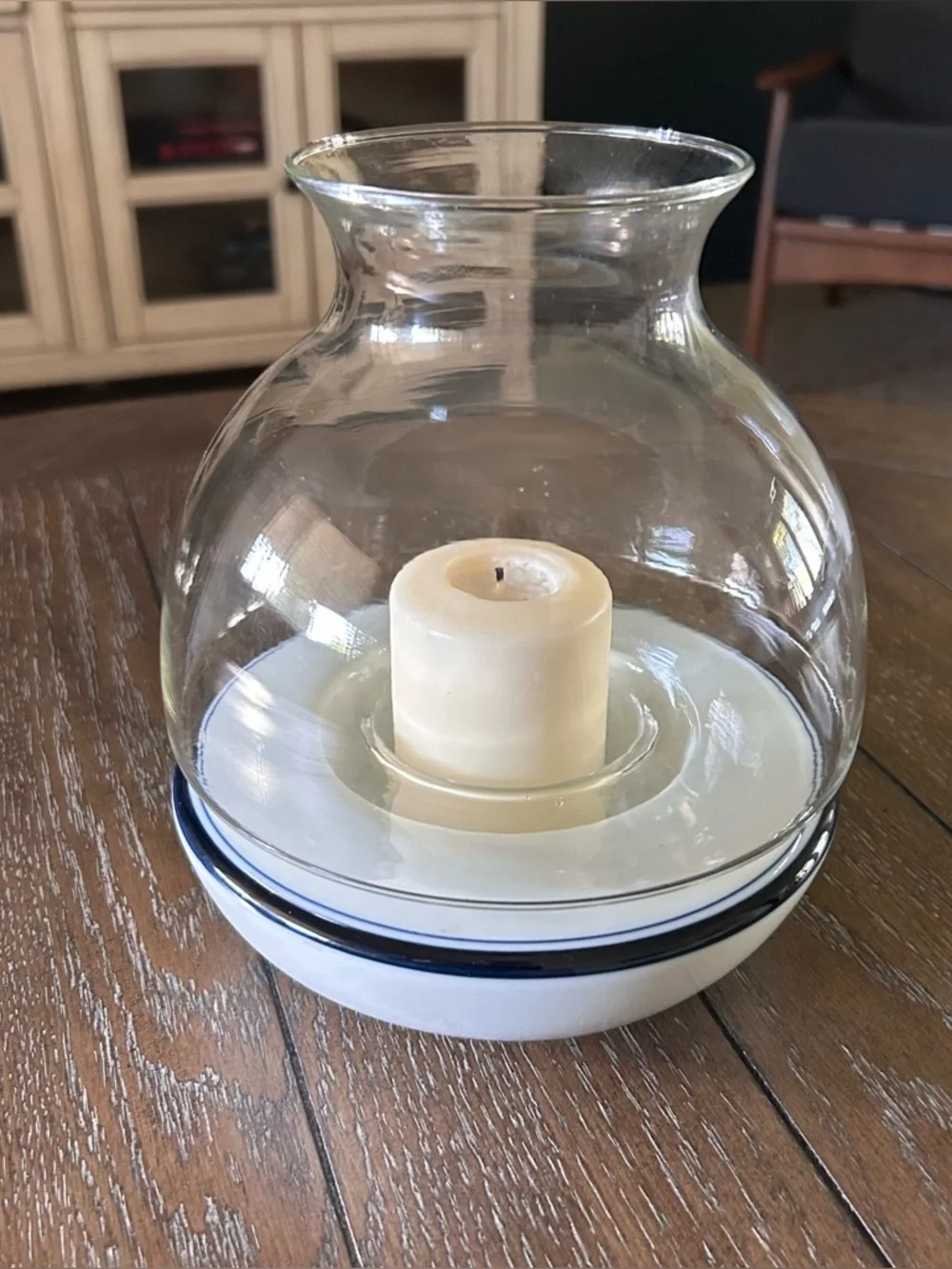 Vintage Dansk International Blue & White Ceramic Hurricane Lamp Candle Holder